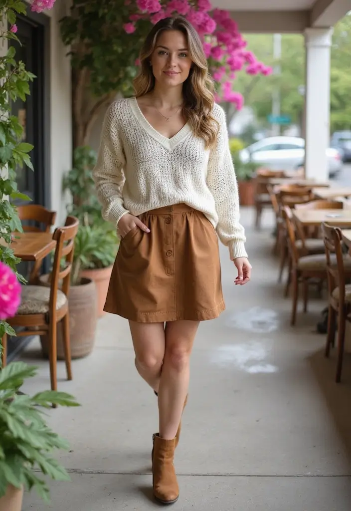 27 Spring Brunch Outfit Looks That Will Upgrade Your Wardrobe - 21. Lightweight Sweater with A-Line Skirt
