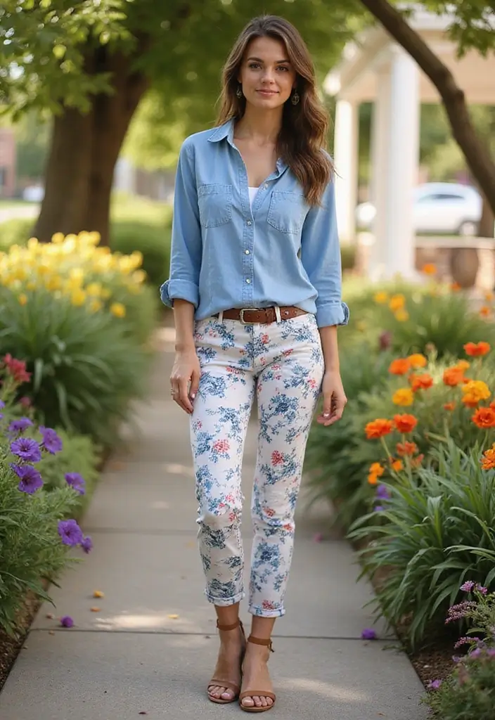 27 Spring Brunch Outfit Looks That Will Upgrade Your Wardrobe - 22. Chambray Shirt with Floral Pants