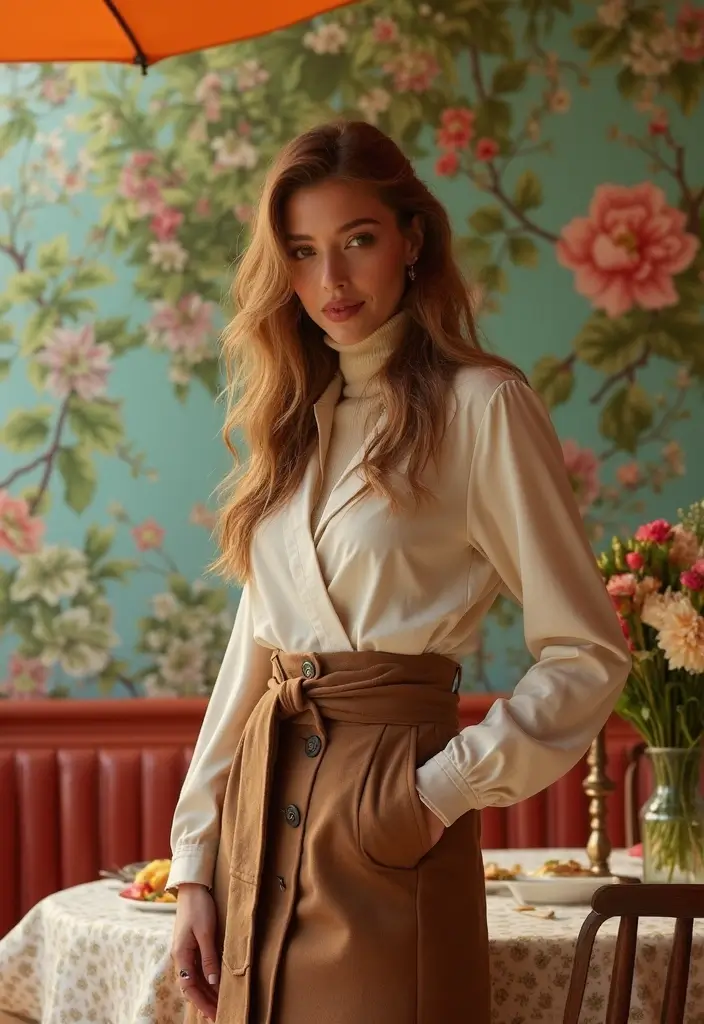27 Spring Brunch Outfit Looks That Will Upgrade Your Wardrobe - 25. Vintage Wrap Skirt with Turtleneck