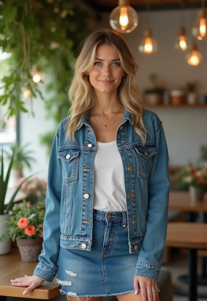 27 Spring Brunch Outfit Looks That Will Upgrade Your Wardrobe - 3. Denim Skirt with Upcycled Denim Jacket