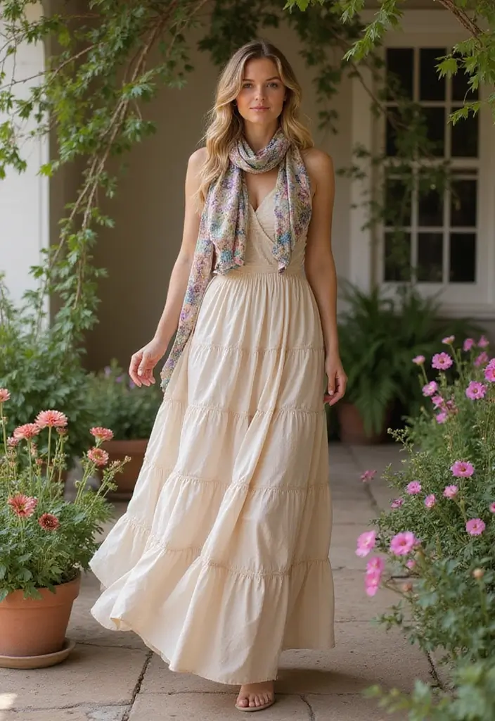 27 Spring Brunch Outfit Looks That Will Upgrade Your Wardrobe - 6. Layered Maxi Dress with Recycled Fabric Shawl