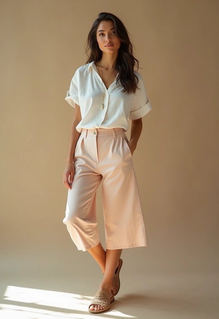 27 Spring Brunch Outfit Looks That Will Upgrade Your Wardrobe - 7. Trendy Culottes with Organic Cotton Blouse
