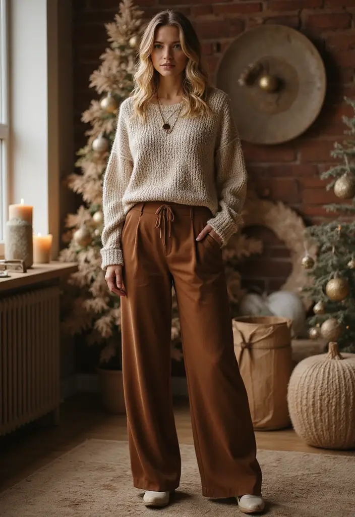 27 Winter Bridal Shower Outfits That Flatter Every Figure - 22. Fabulous Palazzo Pants with Knit Top