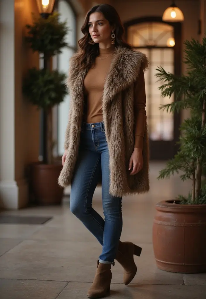 27 Winter Bridal Shower Outfits That Flatter Every Figure - 5. Layered Look with a Faux Fur Vest