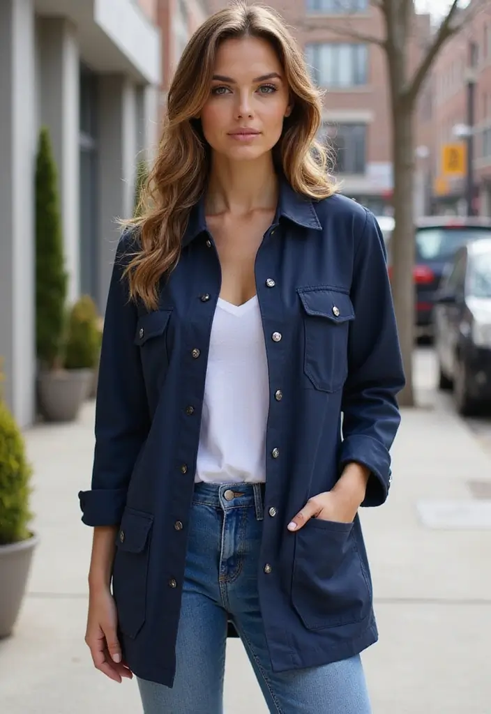 28 Azul Marino Combinacion Outfit Inspirations For Real Life - 22. Navy Utility Jacket with Casual Wear