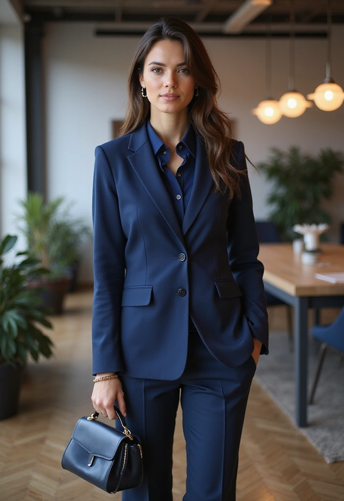 28 Azul Marino Combinacion Outfit Inspirations For Real Life - 9. Navy Blue Pantsuit with Bright Accessories