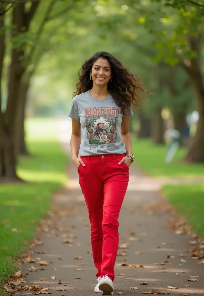 28 Outfit Pantalon Rojo That Flatter Every Figure - 10. Weekend Vibes with a Graphic T-Shirt