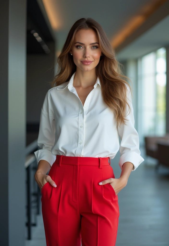28 Outfit Pantalon Rojo That Flatter Every Figure - 11. Stylish Workwear with Red Trousers
