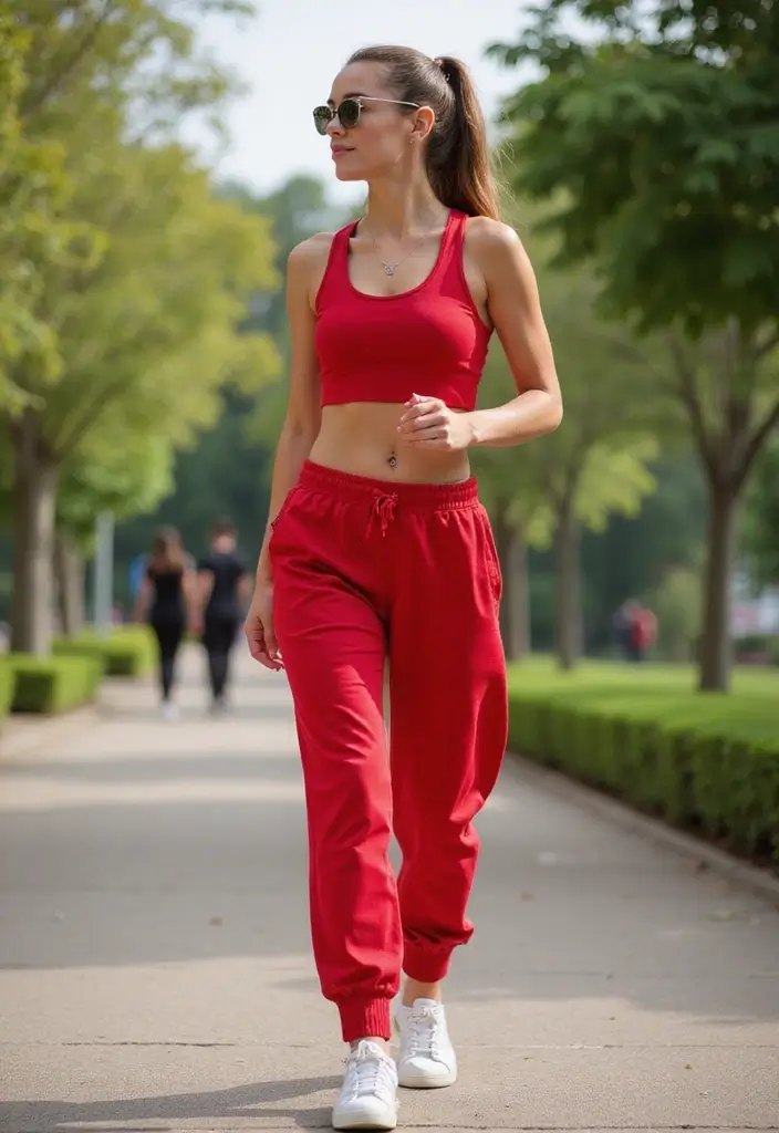 28 Outfit Pantalon Rojo That Flatter Every Figure - 14. Elevated Athleisure Look