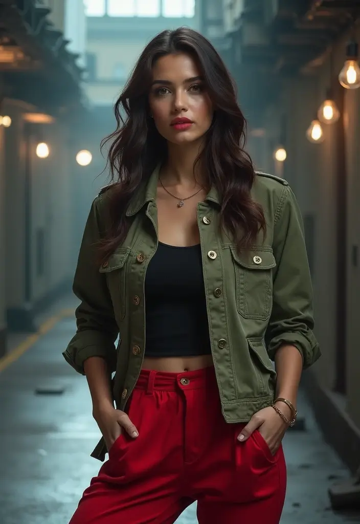 28 Outfit Pantalon Rojo That Flatter Every Figure - 20. Fashion-Forward with a Utility Jacket