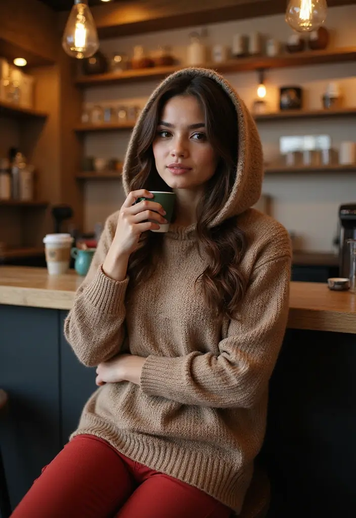 28 Outfit Pantalon Rojo That Flatter Every Figure - 22. Effortless Layering with a Hooded Sweater