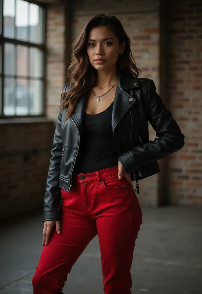 28 Outfit Pantalon Rojo That Flatter Every Figure - 23. Edgy Vibes with a Leather Jacket