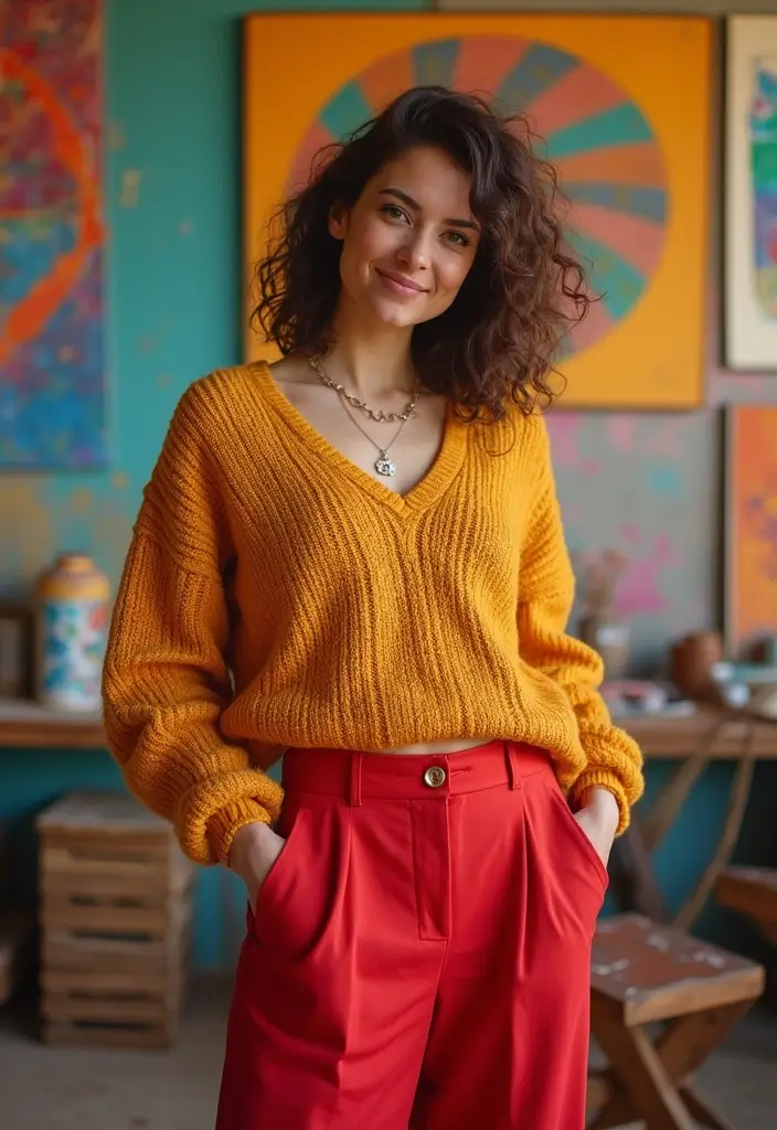 28 Outfit Pantalon Rojo That Flatter Every Figure - 26. Artsy Look with an Oversized Sweater