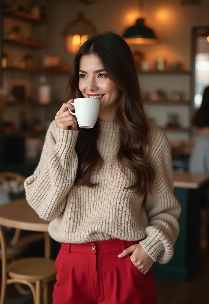 28 Outfit Pantalon Rojo That Flatter Every Figure - 27. Classy and Cozy with a Knit Sweater