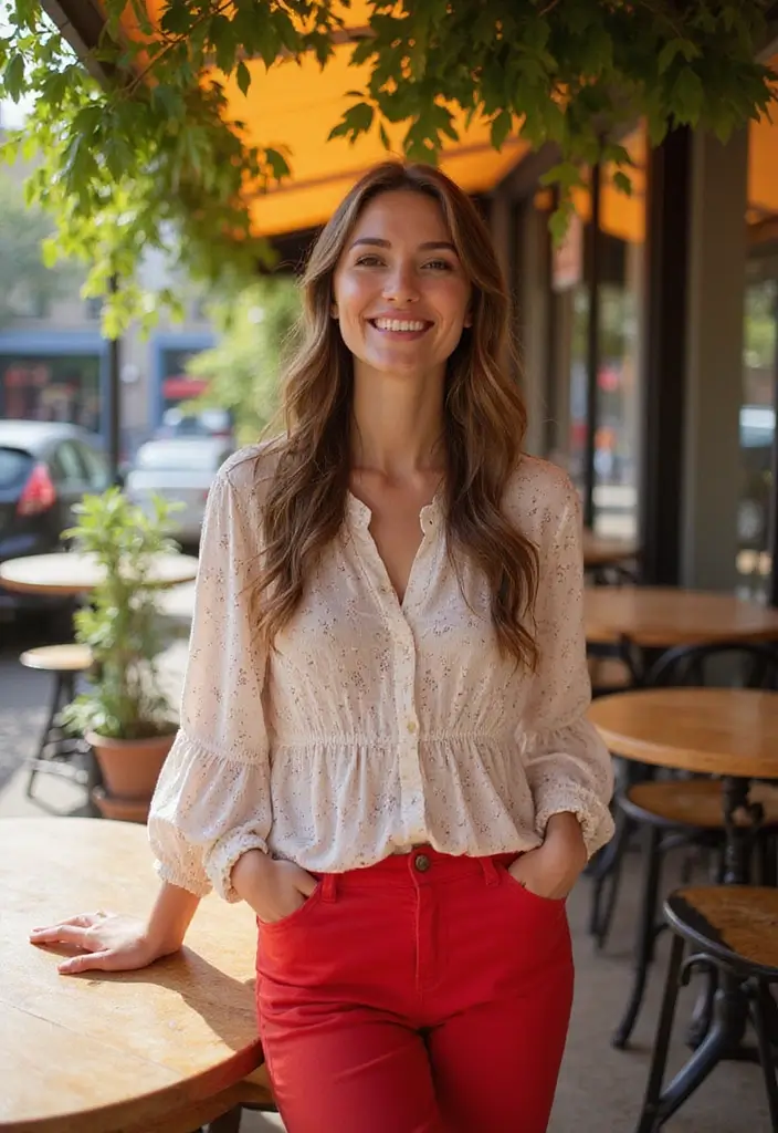 28 Outfit Pantalon Rojo That Flatter Every Figure - 3. Flowy Blouse for Breezy Days