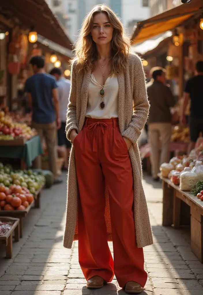 28 Outfit Pantalon Rojo That Flatter Every Figure - 7. Layering with a Long Cardigan