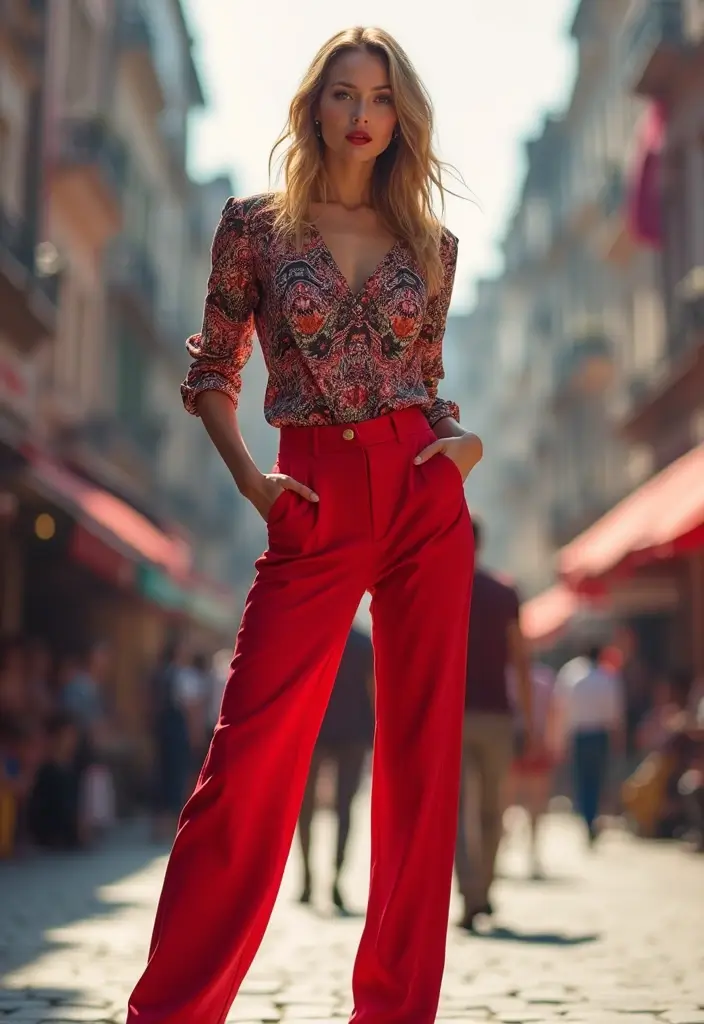 28 Outfit Pantalon Rojo That Flatter Every Figure - 8. Bold Patterns to Stand Out