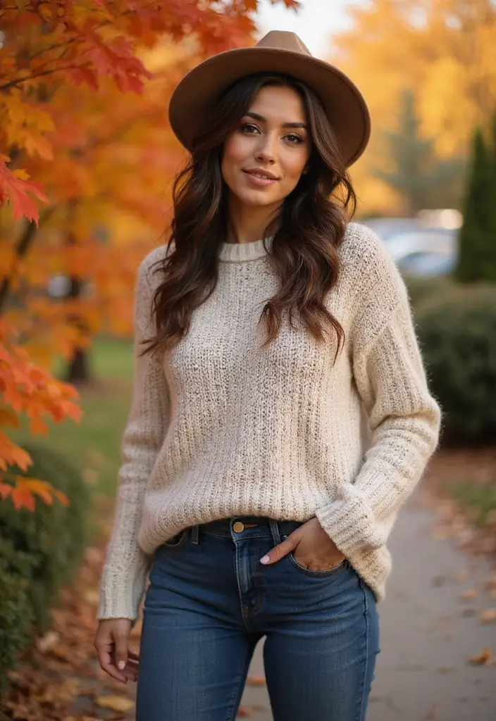 28 Stylish Gonna Jeans Outfit For Every Occasion - 13. Cozy Fall Outing