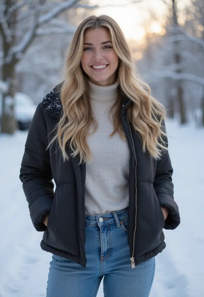 28 Stylish Gonna Jeans Outfit For Every Occasion - 22. Playful Layering for Cold Days