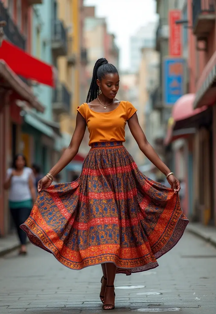 28 Trendy Movie Date Outfit Black Women To Refresh Your Closet - 12. Bold Patterned Skirt