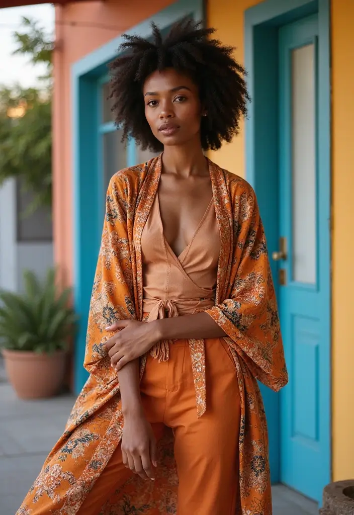 28 Trendy Movie Date Outfit Black Women To Refresh Your Closet - 14. Stylish Kimono Layering