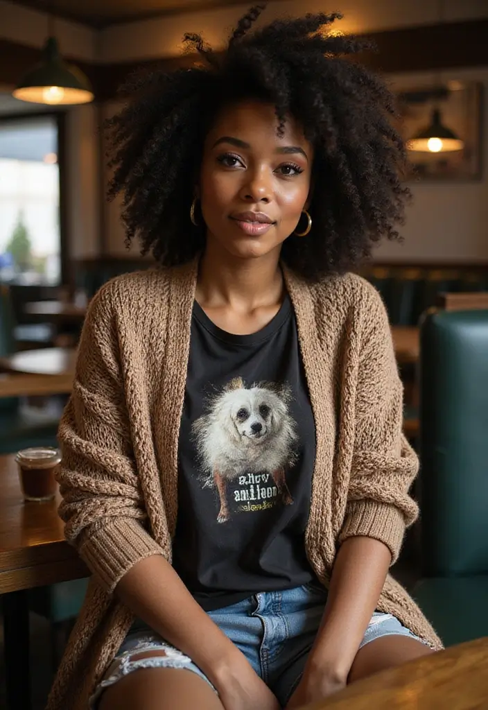 28 Trendy Movie Date Outfit Black Women To Refresh Your Closet - 2. Cozy Cardigan and Tee Combo