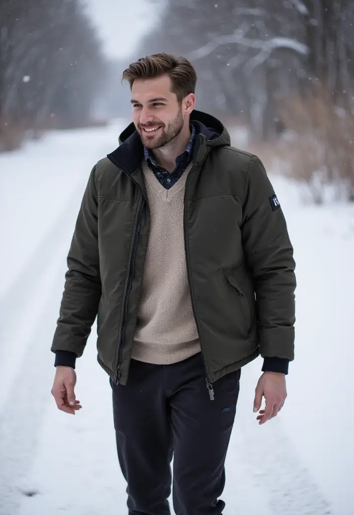 29 Cardigan Outfit Men That Flatter Every Figure - 13. Layering with a Puffer for Chilly Days