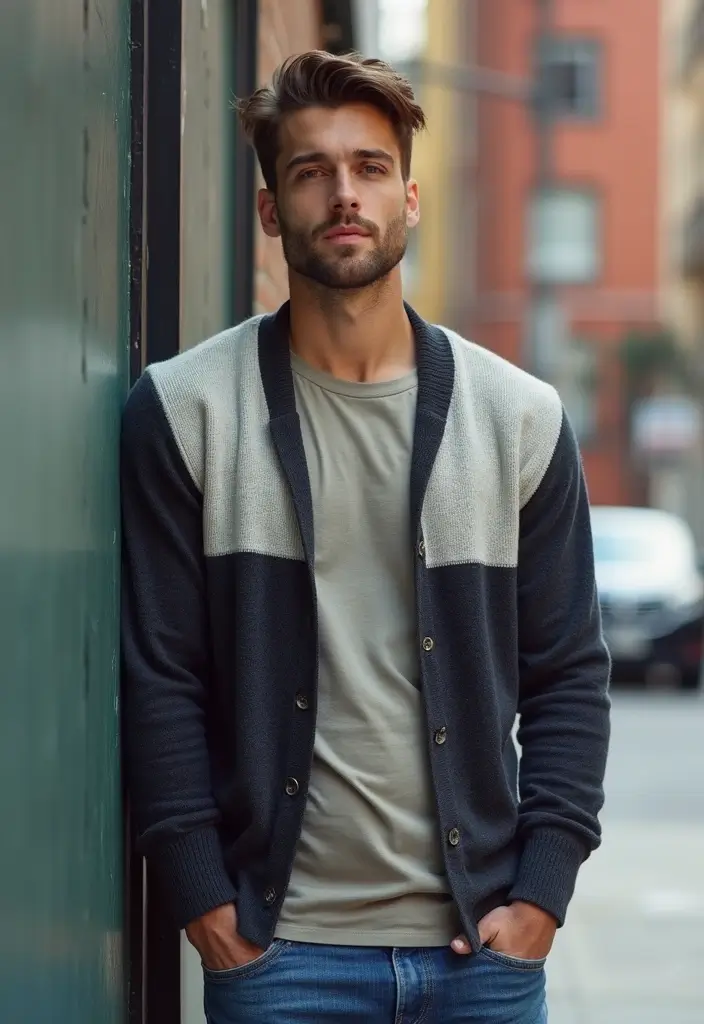 29 Cardigan Outfit Men That Flatter Every Figure - 17. Two-Tone Cardigan for Style Contrast