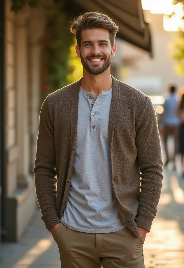 29 Cardigan Outfit Men That Flatter Every Figure - 19. Layering with a Long Sleeve Henley