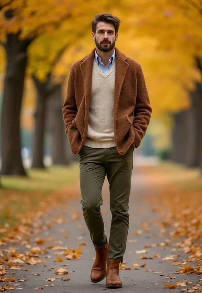 29 Cardigan Outfit Men That Flatter Every Figure - 2. Earthy Tones for Autumn Vibes