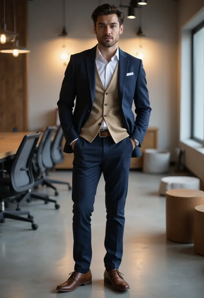 29 Cardigan Outfit Men That Flatter Every Figure - 20. Textured Layering Under a Blazer
