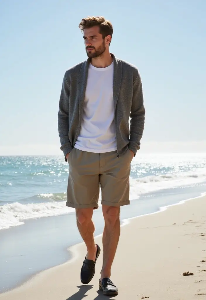 29 Cardigan Outfit Men That Flatter Every Figure - 23. Classic Cardigan with Shorts