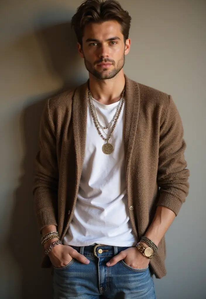 29 Cardigan Outfit Men That Flatter Every Figure - 25. Cardigan with Layered Jewelry