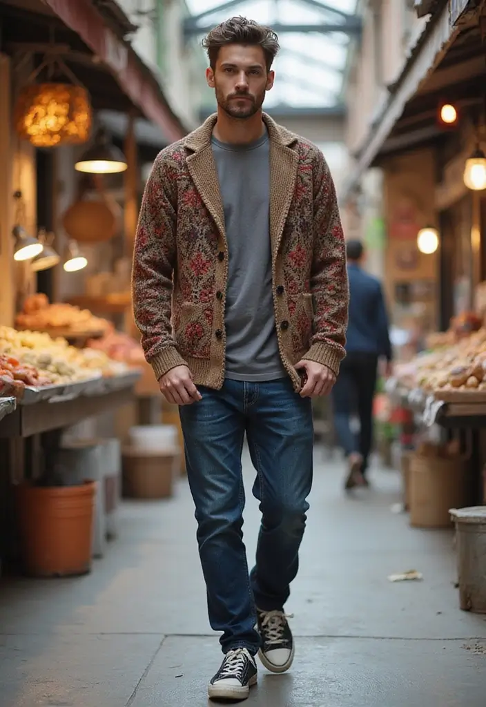 29 Cardigan Outfit Men That Flatter Every Figure - 26. Playing with Patterns and Prints