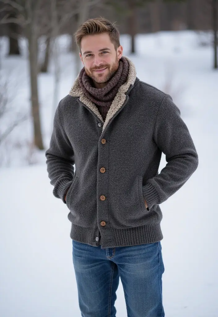 29 Cardigan Outfit Men That Flatter Every Figure - 27. Layering with a Neck Gaiter