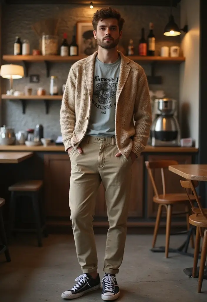 29 Cardigan Outfit Men That Flatter Every Figure - 29. Vintage Cardigan with High-Waisted Trousers