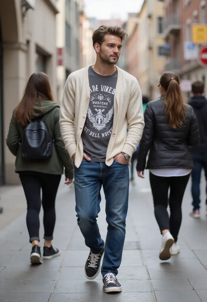 29 Cardigan Outfit Men That Flatter Every Figure - 4. Casual Layers with a Graphic Tee