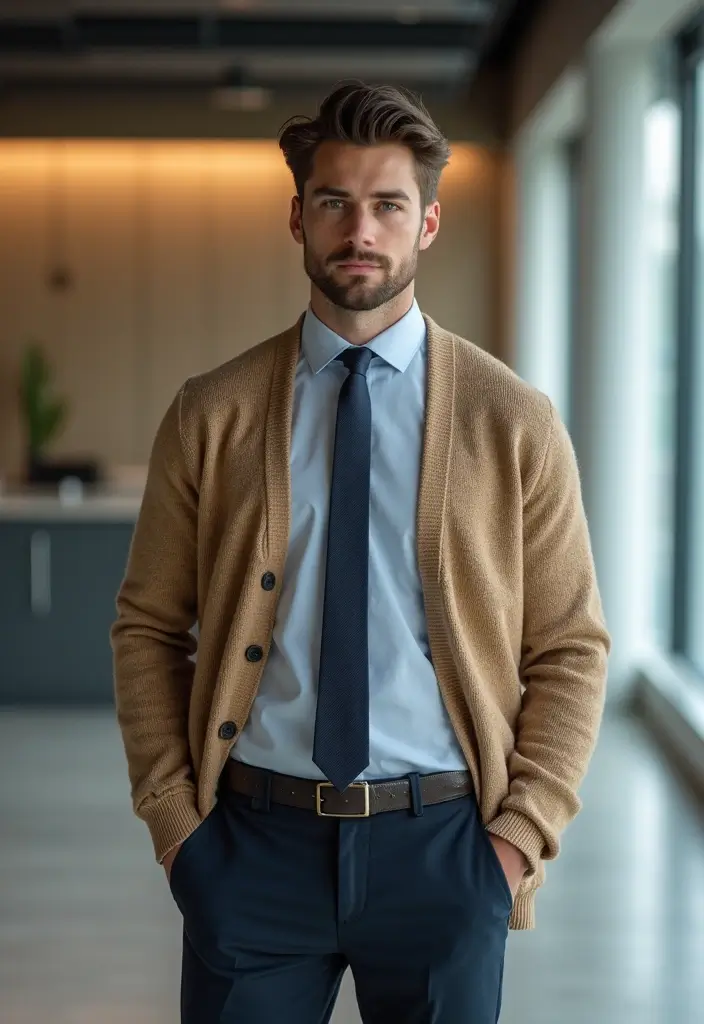 29 Cardigan Outfit Men That Flatter Every Figure - 7. Dapper Cardigan with a Tie