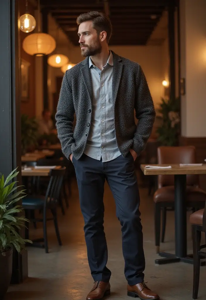29 Cardigan Outfit Men That Flatter Every Figure - 8. Textured Cardigan with Smart Shoes