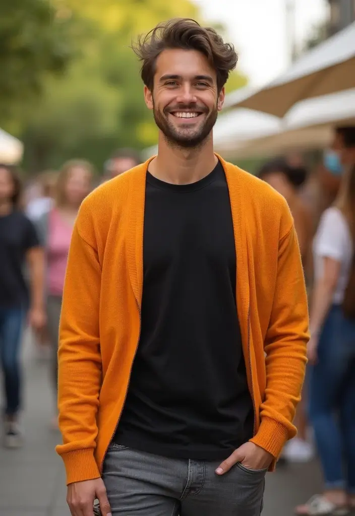 29 Cardigan Outfit Men That Flatter Every Figure - 9. Bright Cardigan for a Pop of Color