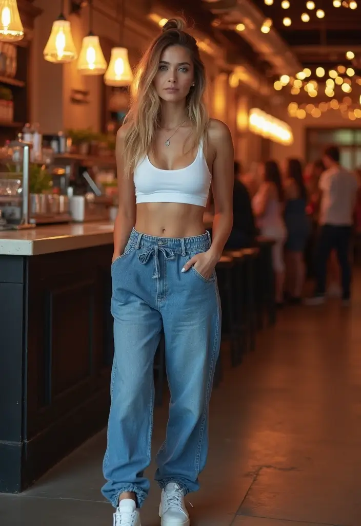 29 Denim Party Outfit Looks That Will Upgrade Your Wardrobe - 18. Denim Track Pants