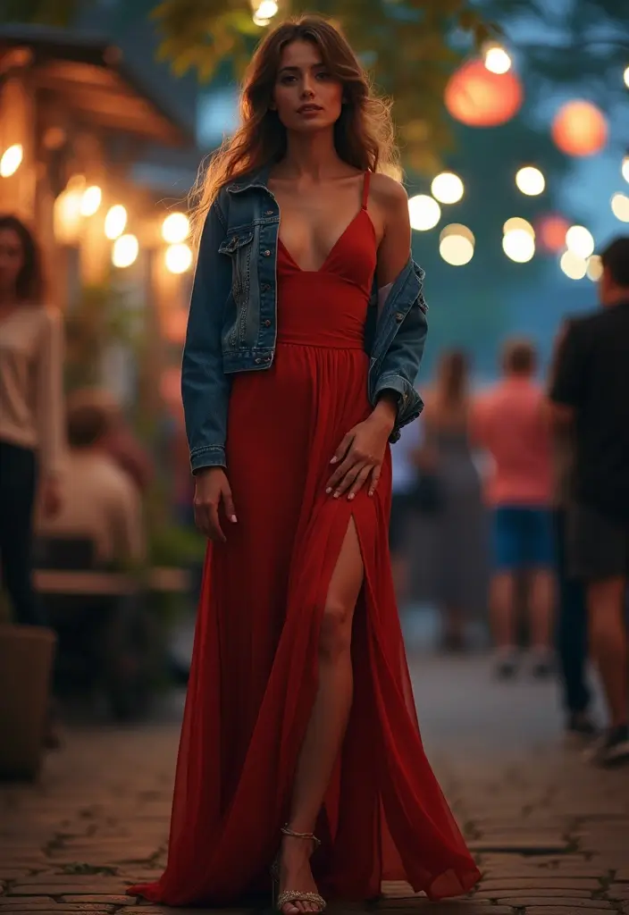 29 Denim Party Outfit Looks That Will Upgrade Your Wardrobe - 9. Evening Gown with Denim Jacket