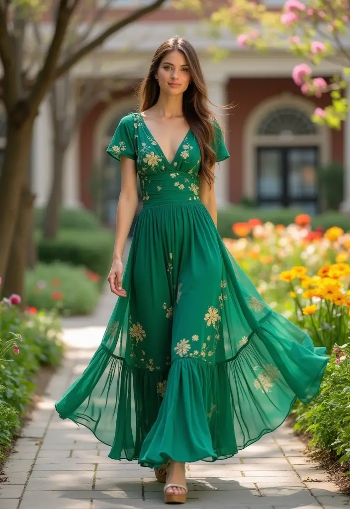 29 Fresh St Pattys Day Outfit College Ideas You Need To Try - 10. Green Maxi Dress with Floral Patterns
