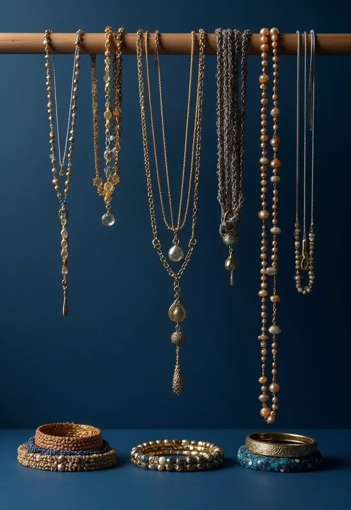 29 Navy Blue Dress Outfit Wedding Styling Tips To Wear With Confidence - 16. Layer Jewelry Wisely