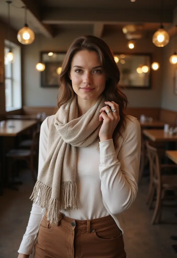 29 Stylish Brown Jeans Outfit For Every Occasion - 14. Layering with Scarves