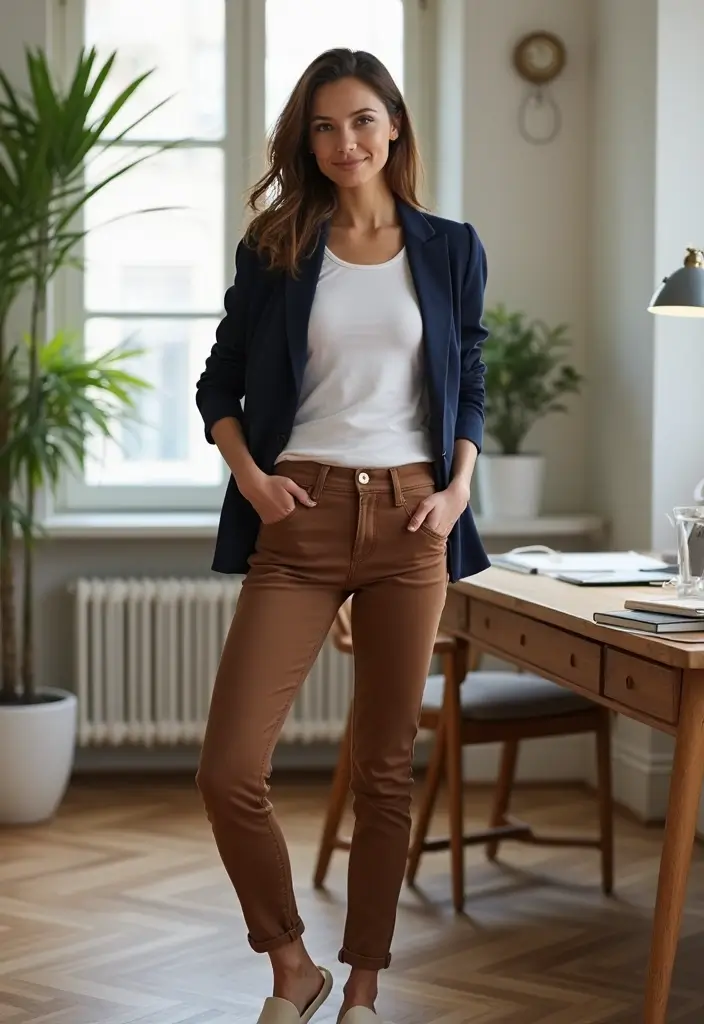 29 Stylish Brown Jeans Outfit For Every Occasion - 2. Work from Home Chic