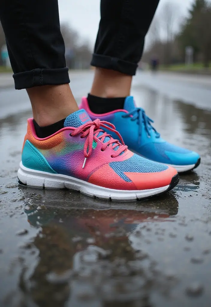 29 Trendy Rainy Day Outfit To Refresh Your Closet - 16. Colorful Sneakers for Rainy Days