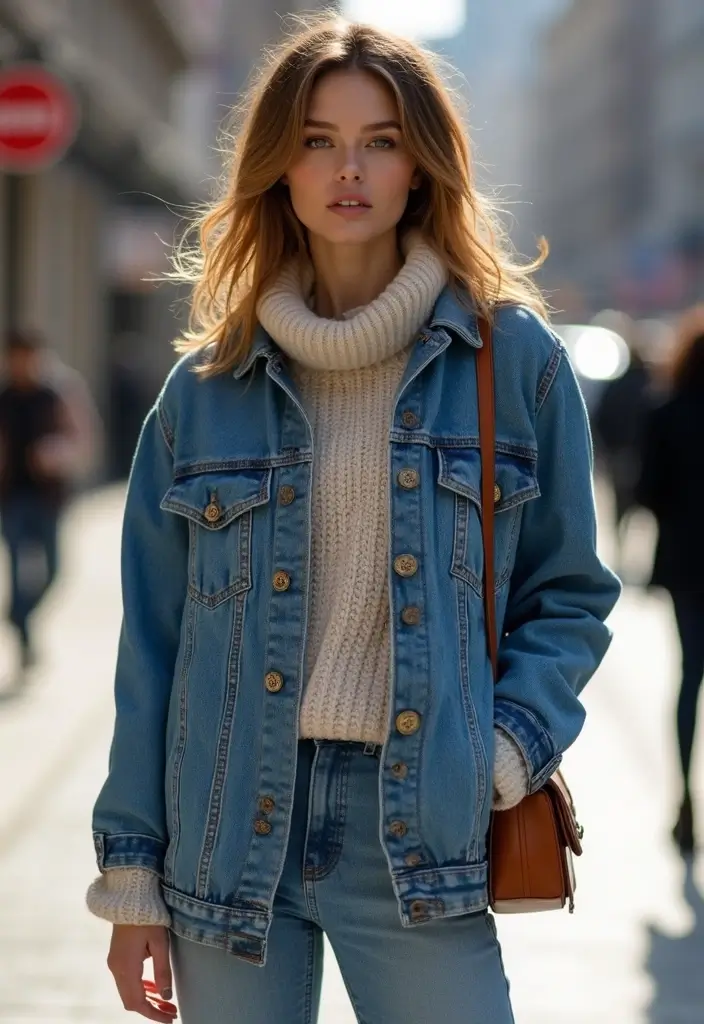29 Trendy Zara Jacket Outfit To Refresh Your Closet - 1. Oversized Denim Jacket with Chunky Knit