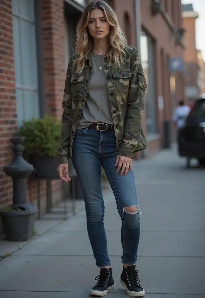 29 Trendy Zara Jacket Outfit To Refresh Your Closet - 16. Camouflage Jacket with Basic Tee