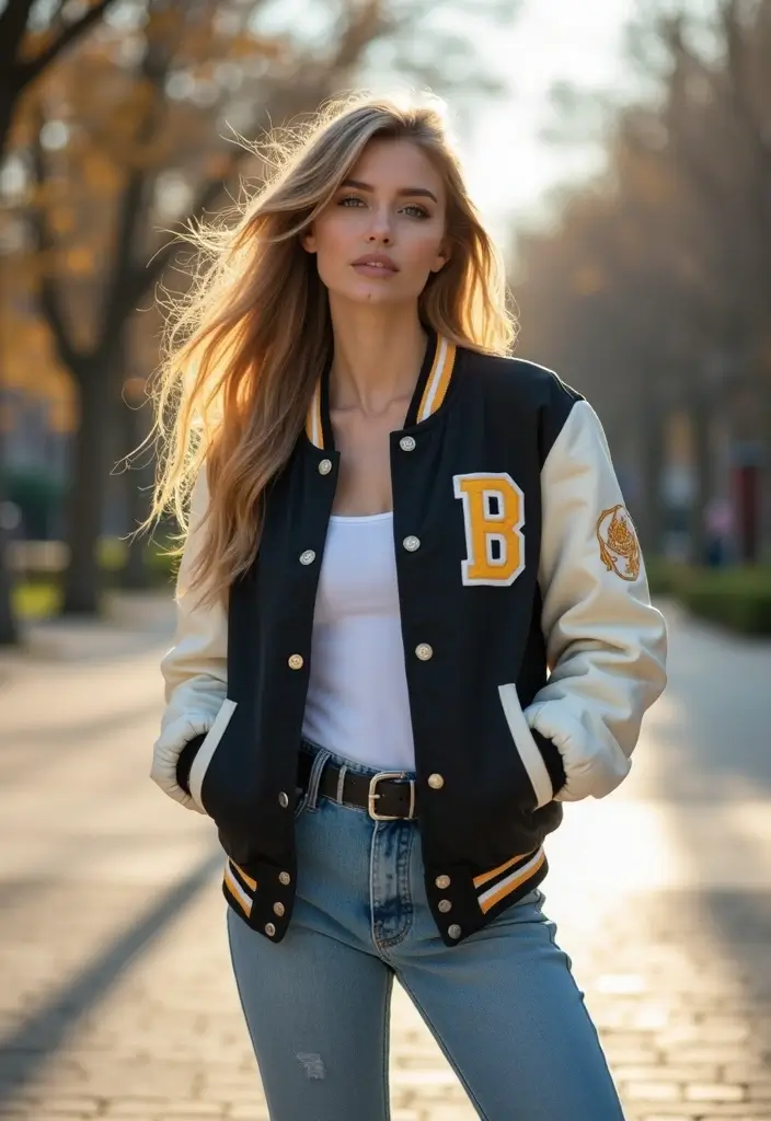 29 Trendy Zara Jacket Outfit To Refresh Your Closet - 19. Varsity Jacket with Classic Jeans